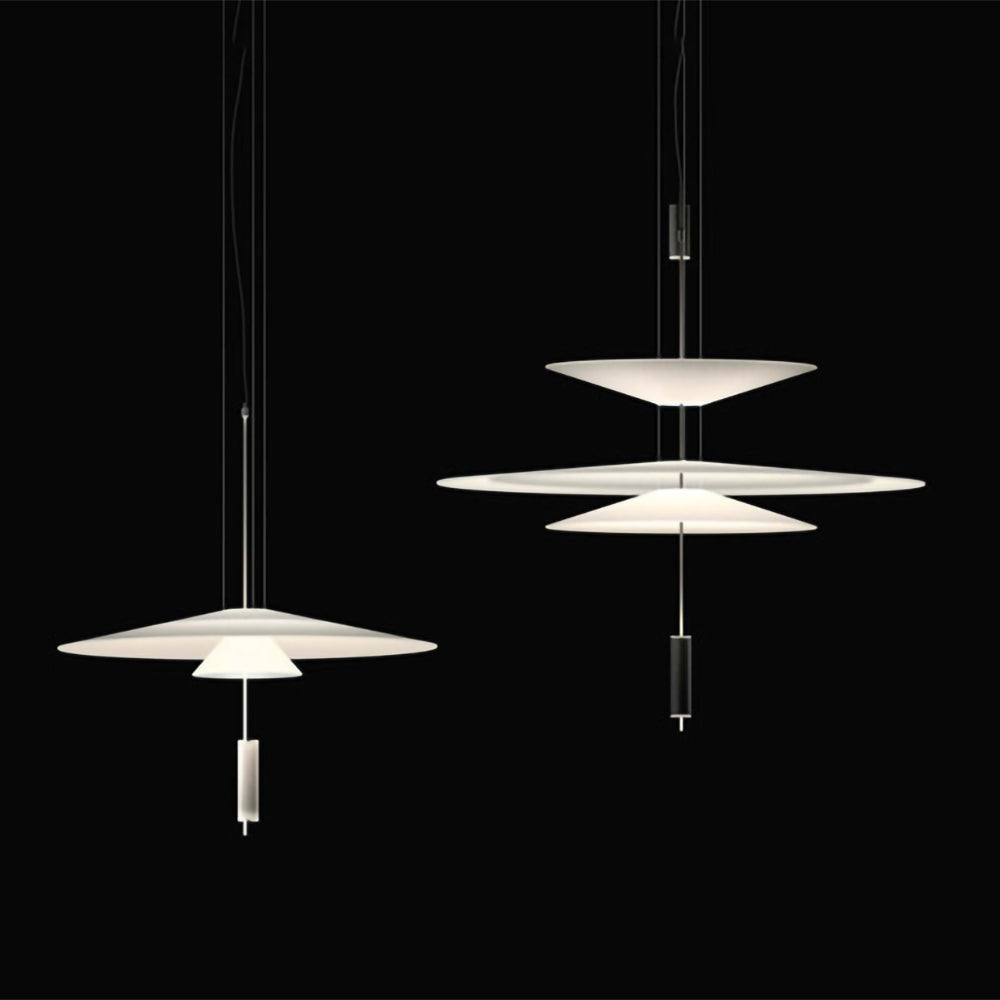 Gold floating disc LED chandelier, modern home illumination, sleek design.
