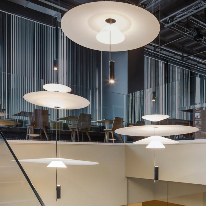 Black floating disc pendant light, integrated LED, designer contemporary style.