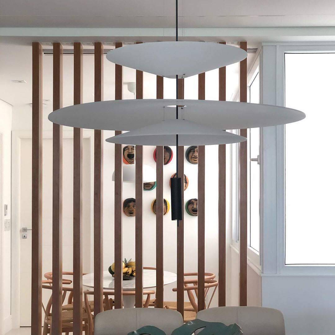 Contemporary floating disc LED lamp, black finish, minimalist ceiling fixture.