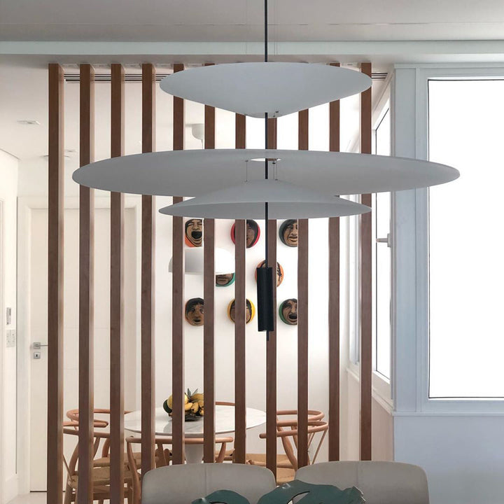 Contemporary floating disc LED lamp, black finish, minimalist ceiling fixture.