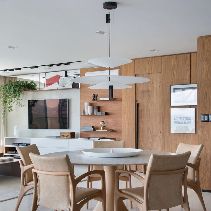 Designer LED chandelier with floating disc, black finish, modern ceiling fixture.