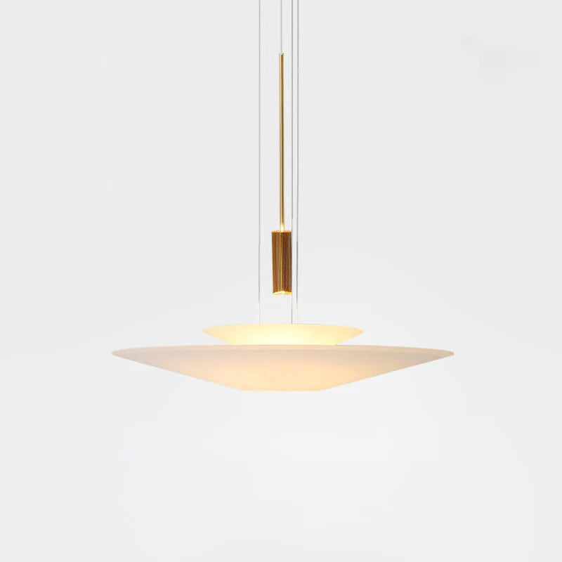 Integrated LED disc pendant, gold finish, elegant and sleek design.