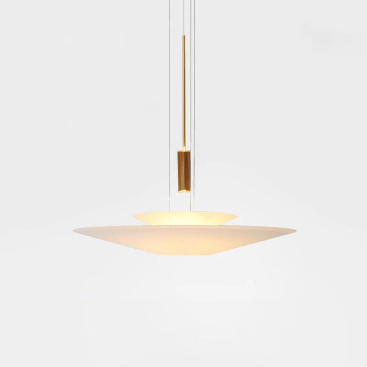 Integrated LED disc pendant, gold finish, elegant and sleek design.