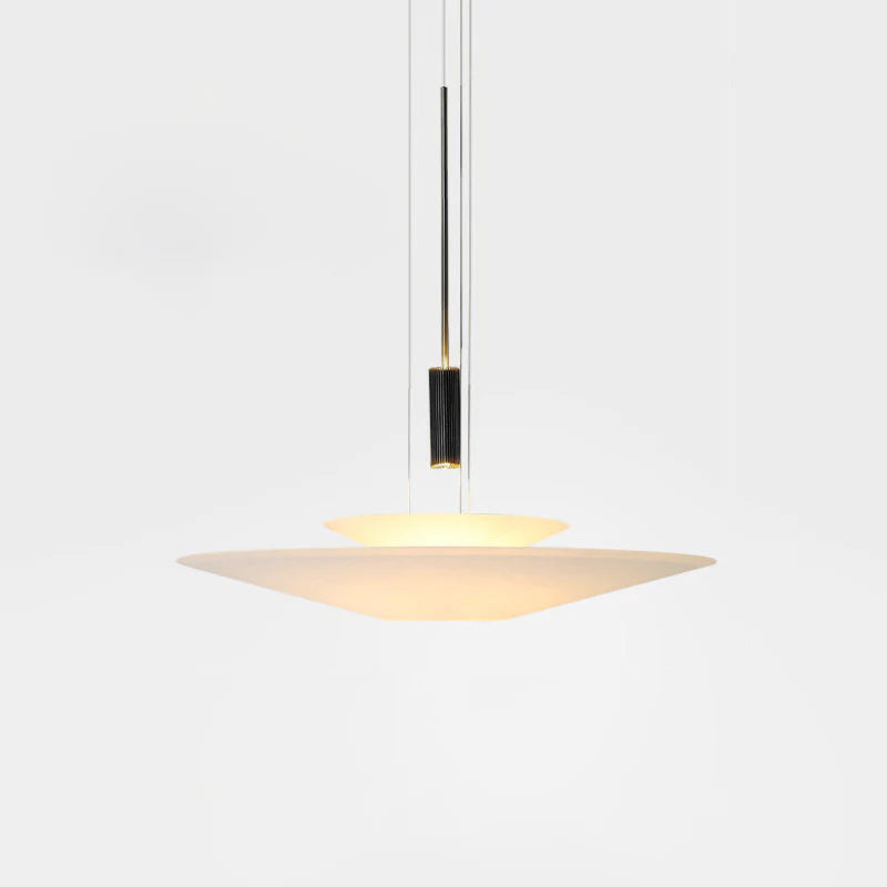 Contemporary floating disc pendant light, black, integrated LED, home decor.