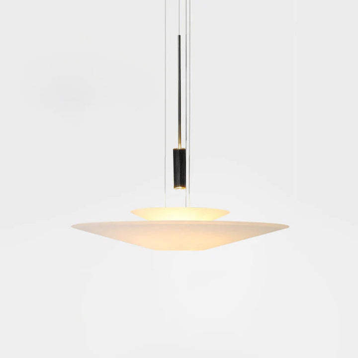 Contemporary floating disc pendant light, black, integrated LED, home decor.