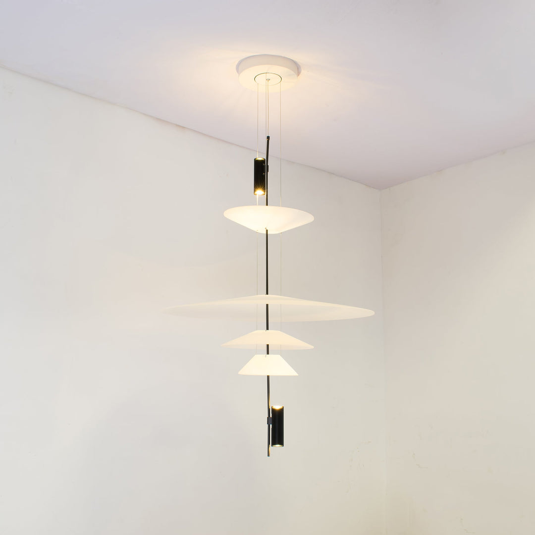 Chic floating disc pendant light, integrated LED, gold accent, bright home lighting.