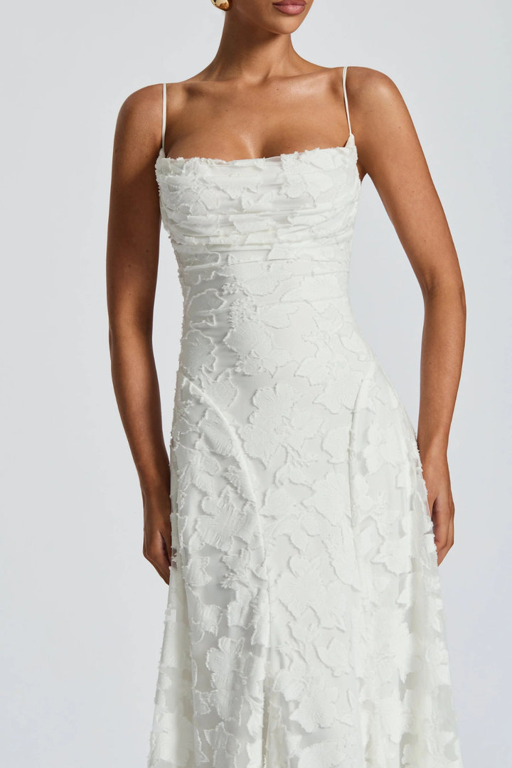 Elegant floral brocade cami maxi dress for women, a stunning long formal wedding guest outfit.