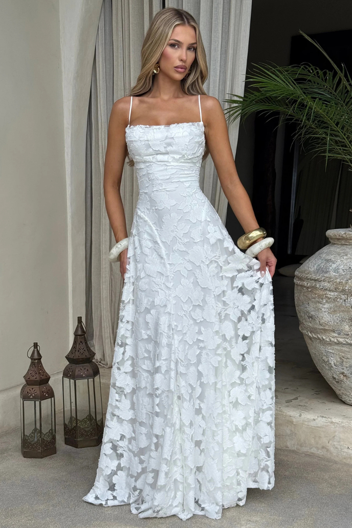 Elegant cami floral brocade maxi dress, perfect for women attending formal parties or weddings.