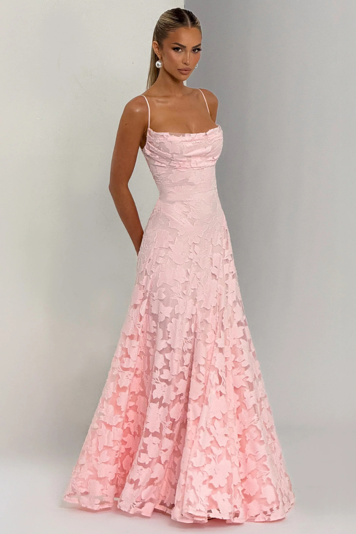 Women's elegant floral brocade maxi party dress, a sophisticated long formal outfit.