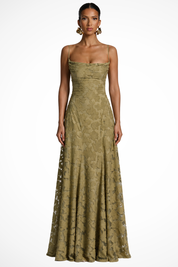 Sophisticated floral brocade maxi dress with intricate patterns, ideal for special occasions & parties.