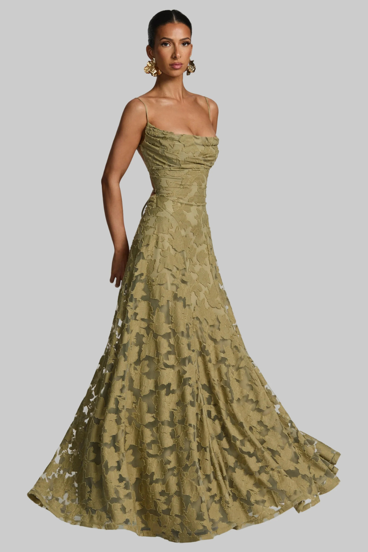 Women's formal wedding guest dress, a long floral brocade maxi for elegant evening events.