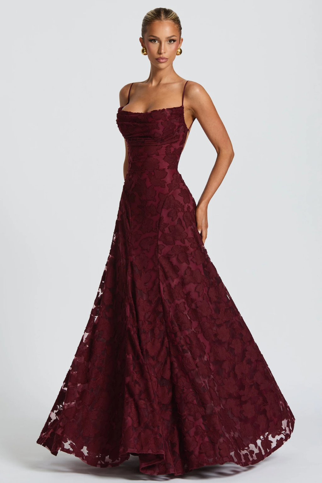 Elegant floral brocade cami maxi dress, long and sophisticated for special occasion evening wear.