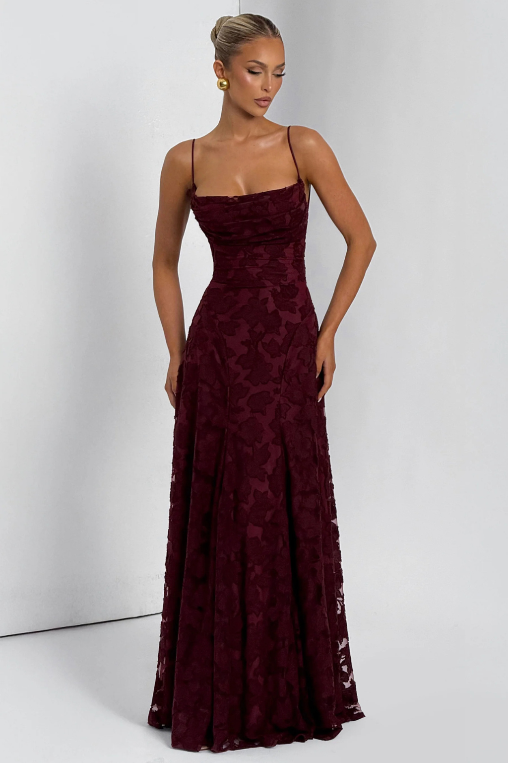 Women's long floral brocade maxi dress, a sophisticated and elegant choice for wedding guests & formal events.