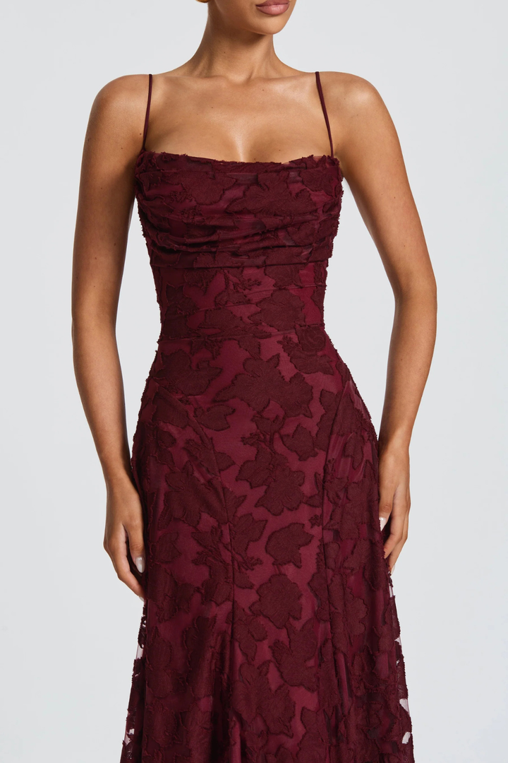 Formal floral brocade maxi dress for women, an elegant party or wedding guest outfit.