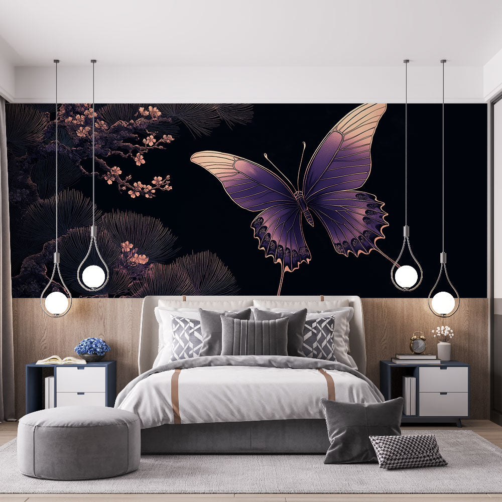 Elegant floral butterfly wall mural in purple and gold design, nature-inspired removable wallpaper for home decor.