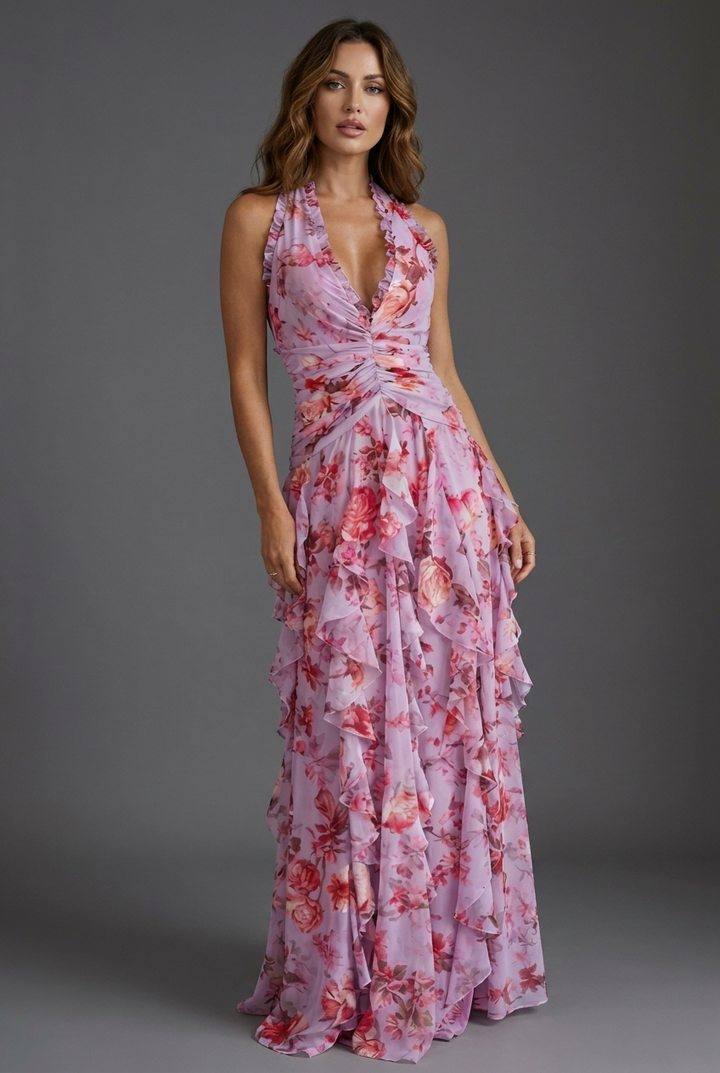 Elegant floral halterneck maxi dress with ruffles, perfect for wedding guests & summer parties.