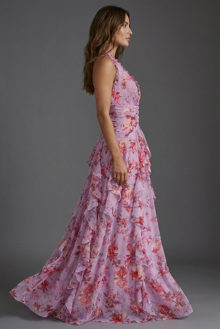 Flowy floral halterneck maxi dress for women, featuring elegant ruffles and a flattering silhouette.