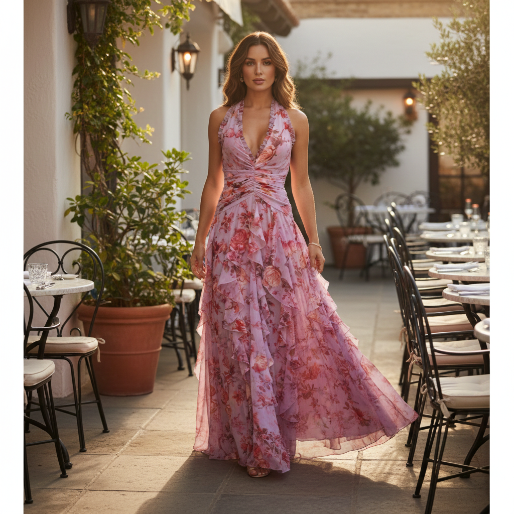 Beautiful summer floral halterneck maxi dress with romantic ruffles, great for garden parties & vacation.