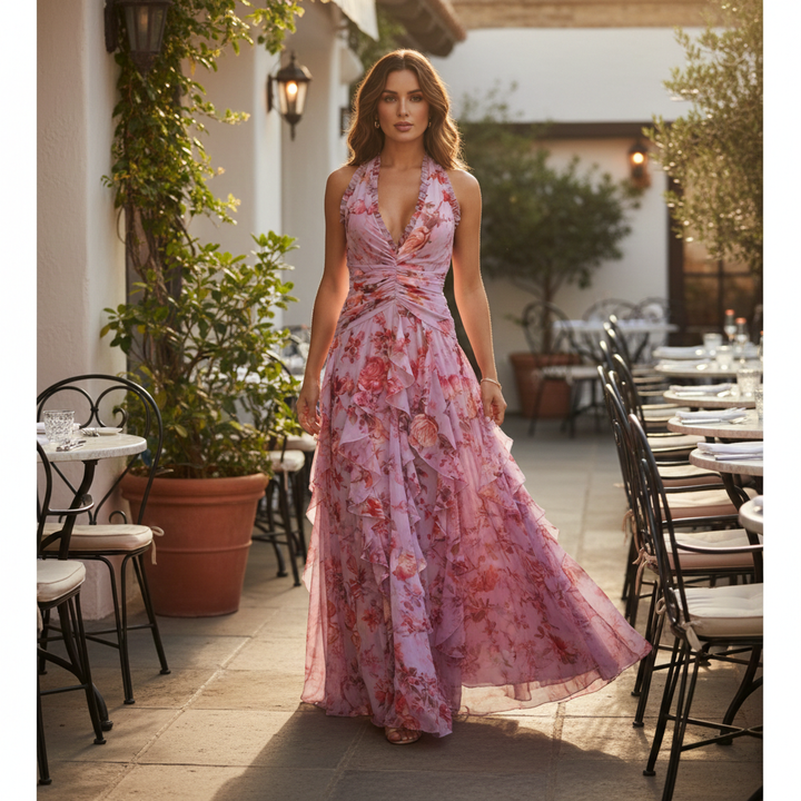Beautiful summer floral halterneck maxi dress with romantic ruffles, great for garden parties & vacation.