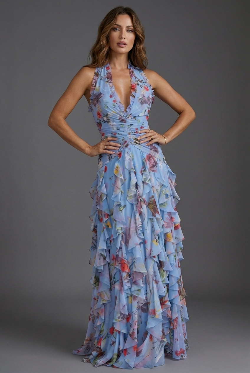 Women's elegant floral maxi dress showcasing a stylish halterneck and delicate ruffle detailing.