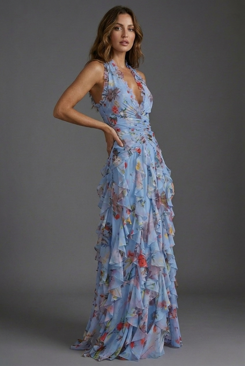 Lightweight, flowy floral halterneck maxi dress with graceful ruffles, comfortable for all-day wear.