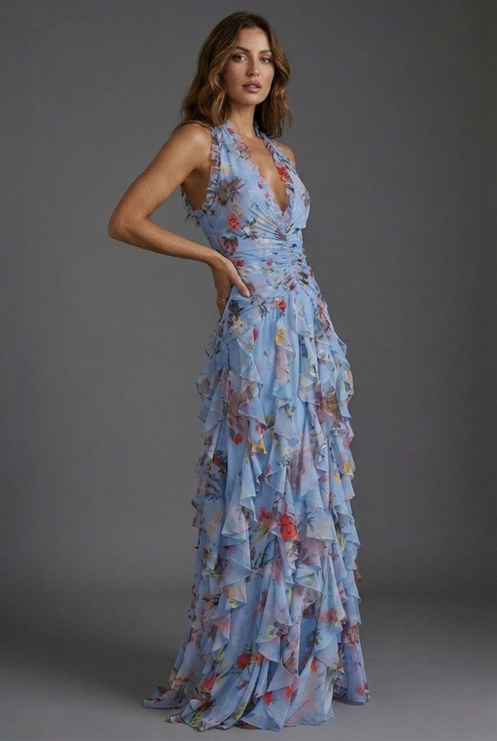 Lightweight, flowy floral halterneck maxi dress with graceful ruffles, comfortable for all-day wear.