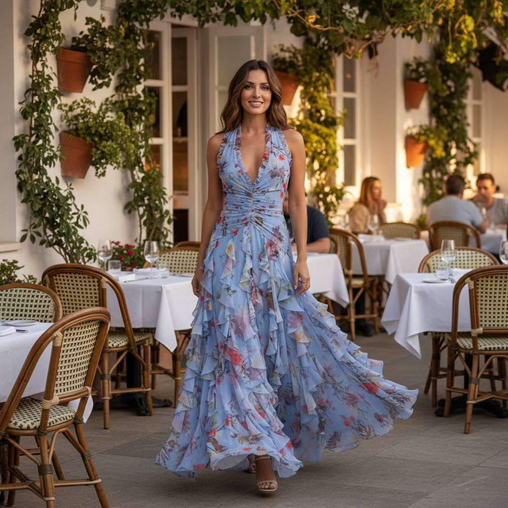 Sophisticated women's floral halterneck ruffle maxi dress, an ideal choice for a wedding guest outfit.