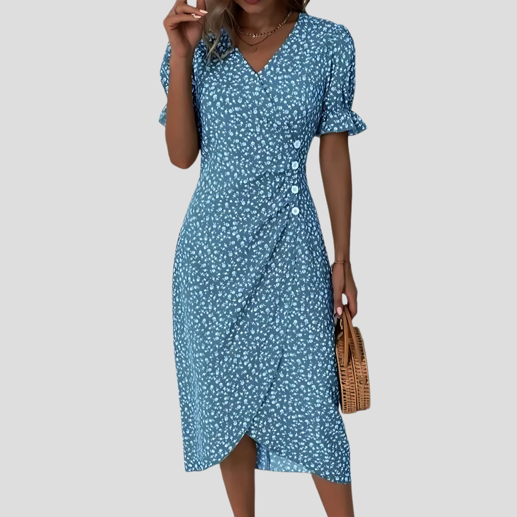 Elegant floral midi dress for women with flattering V-neck and puff sleeves.