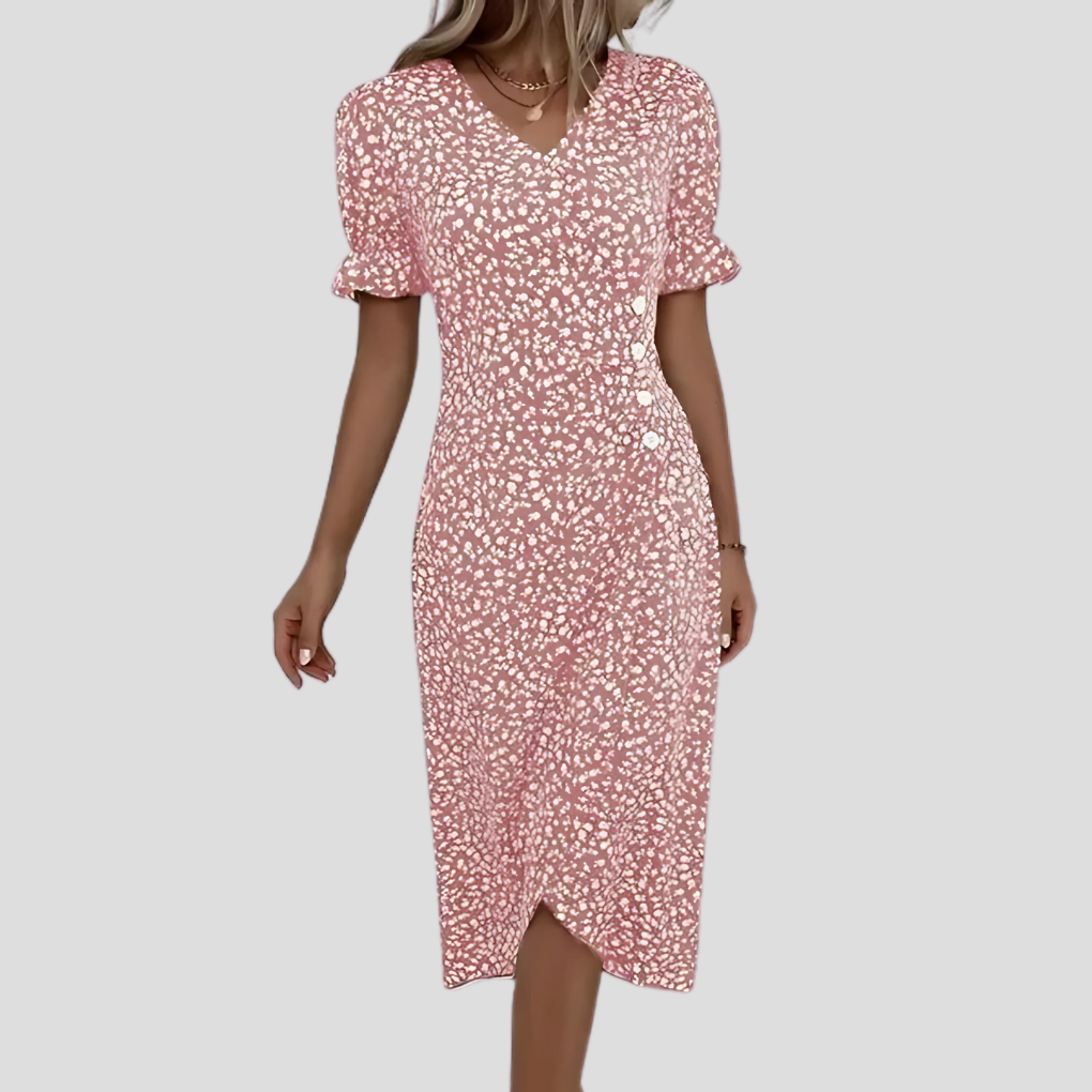 Chic puff sleeve midi dress featuring a beautiful all-over floral print.