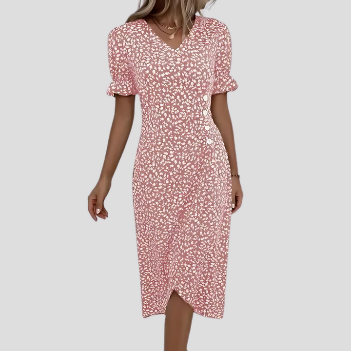 Chic puff sleeve midi dress featuring a beautiful all-over floral print.