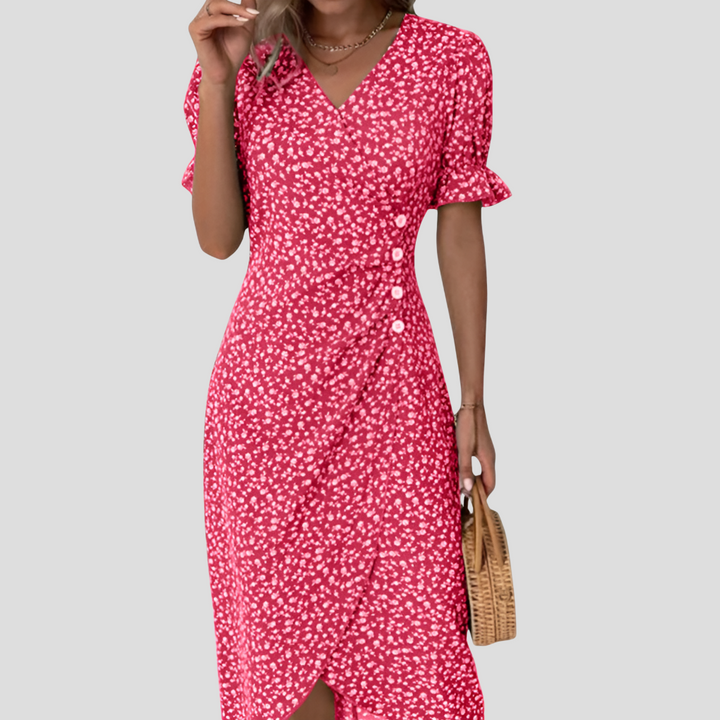 Sophisticated women's midi dress showcasing a vibrant floral design.