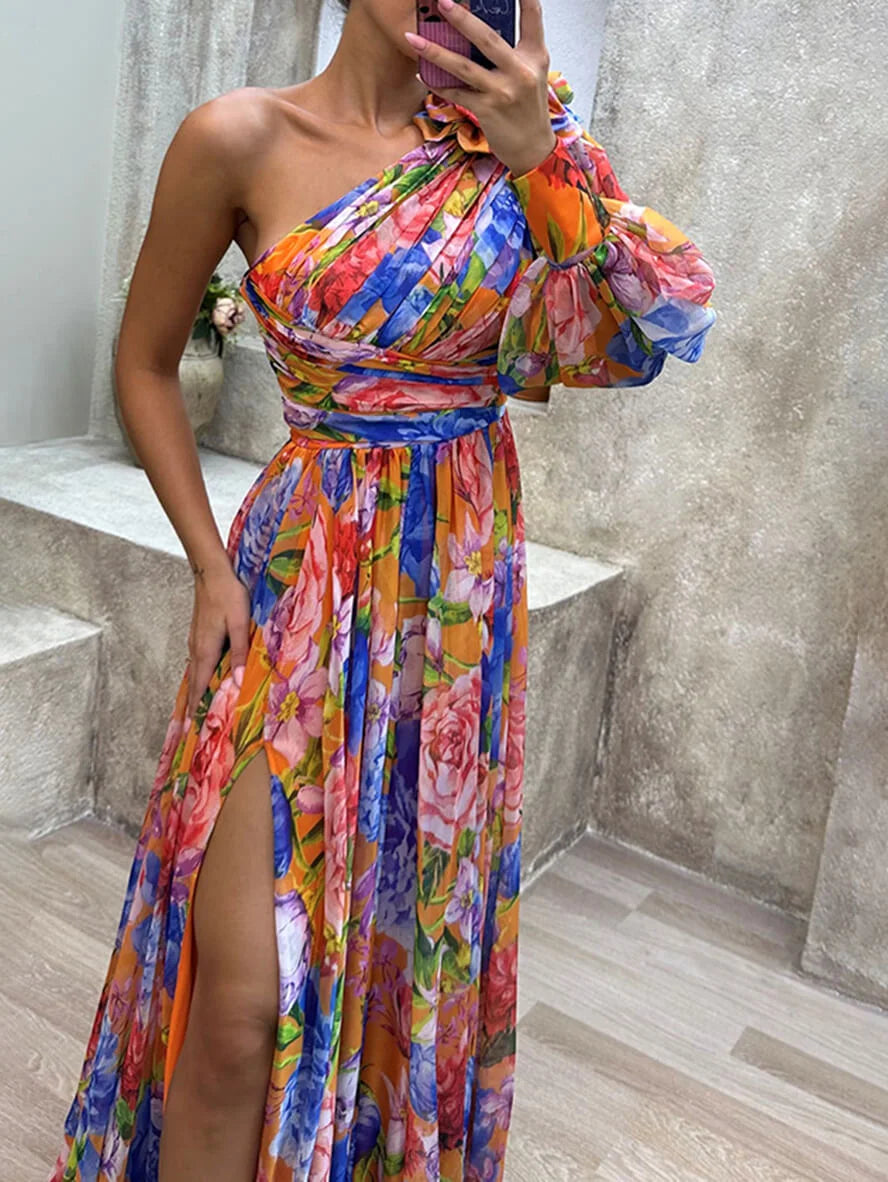 Floral one-shoulder maxi dress for women, elegant with high slit & puff sleeve. Ideal for special occasions.