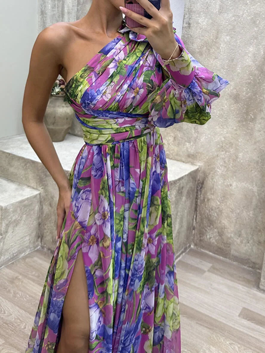 Women's elegant floral long dress, one-shoulder with puff sleeve & high slit, ideal for summer occasions.