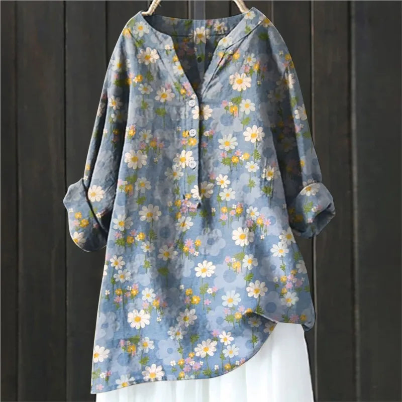 Plus size women's elegant floral print V-neck long-sleeve blouse for comfortable spring/summer wear.