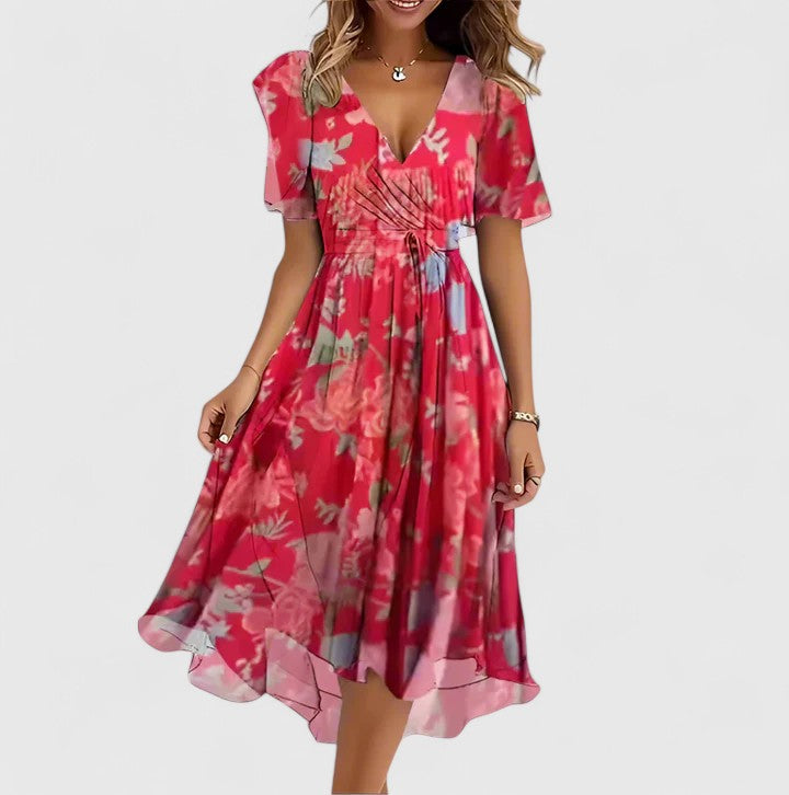 Fashionable women's floral short dress, versatile for summer, parties, or elegant casual wear.