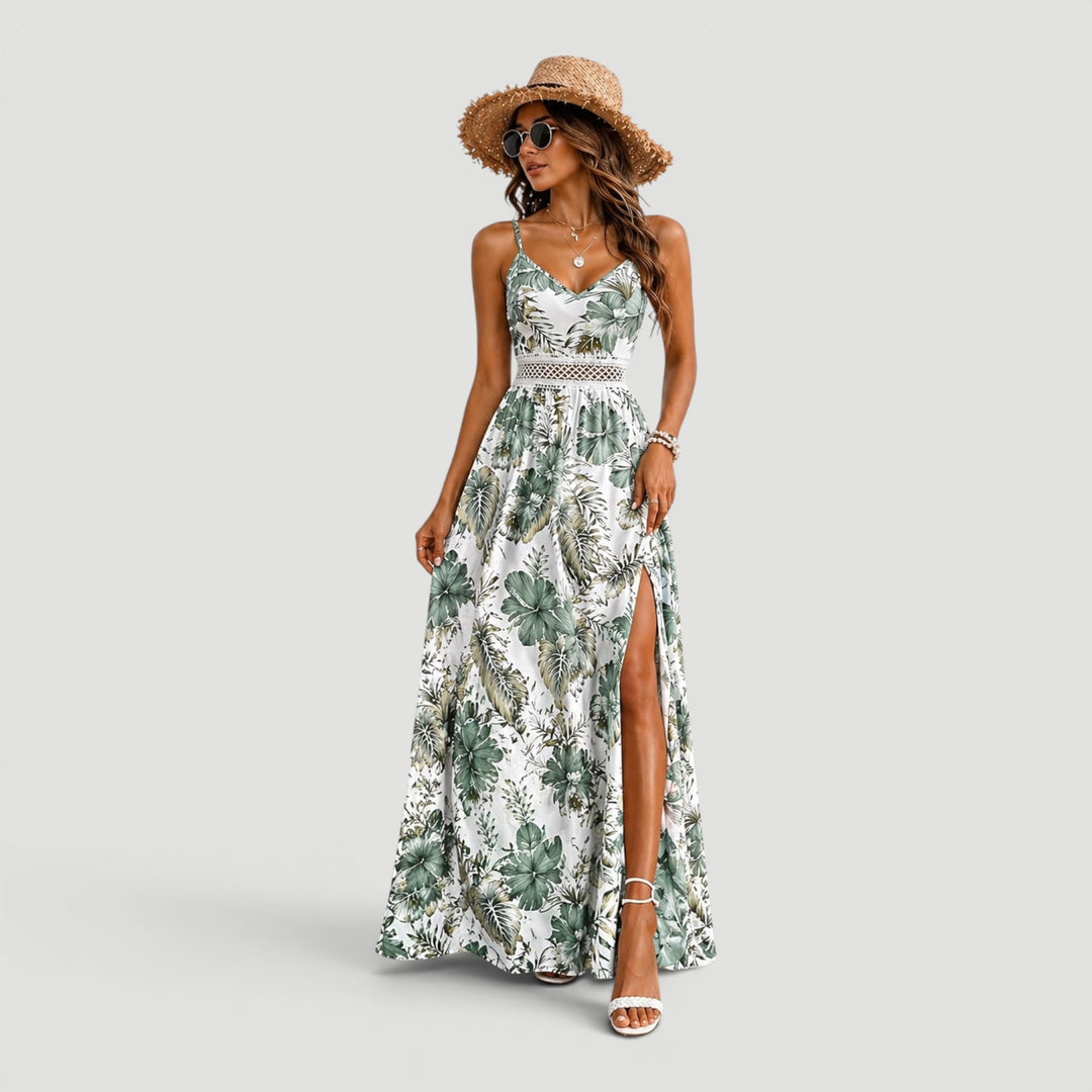 Green floral sleeveless maxi dress, elegant and comfortable for women's summer fashion.