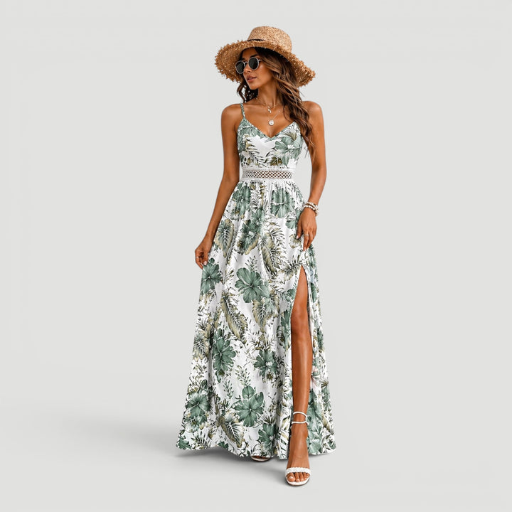 Green floral sleeveless maxi dress, elegant and comfortable for women's summer fashion.