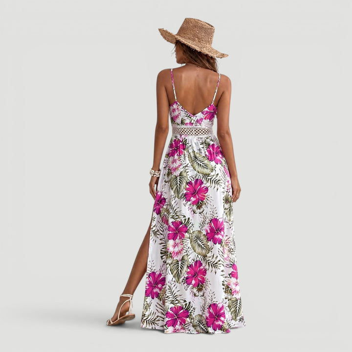 Red floral print sleeveless maxi dress, women's elegant flowy summer party attire.