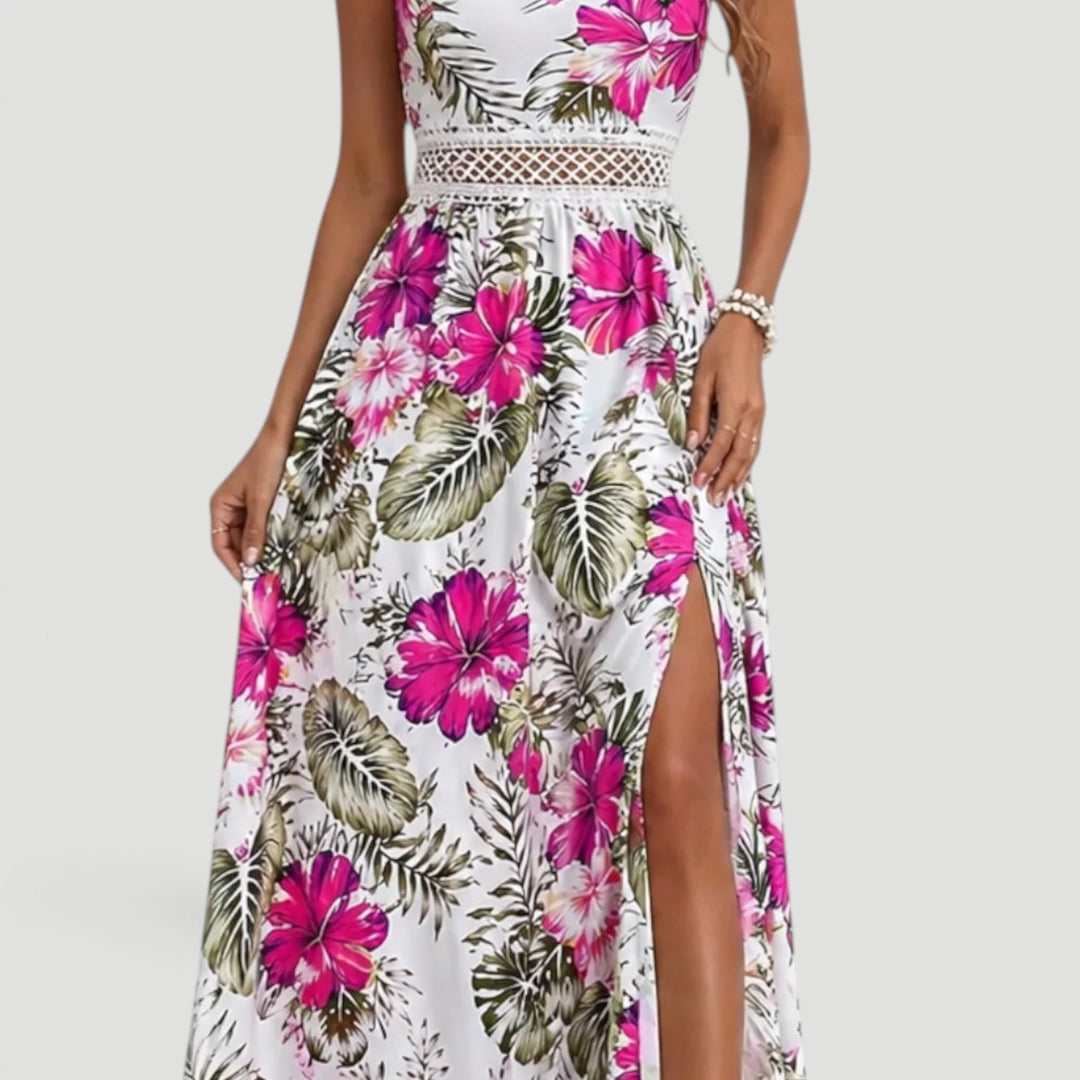 Comfortable and elegant women's floral sleeveless maxi dress, perfect for vacation & casual wear.