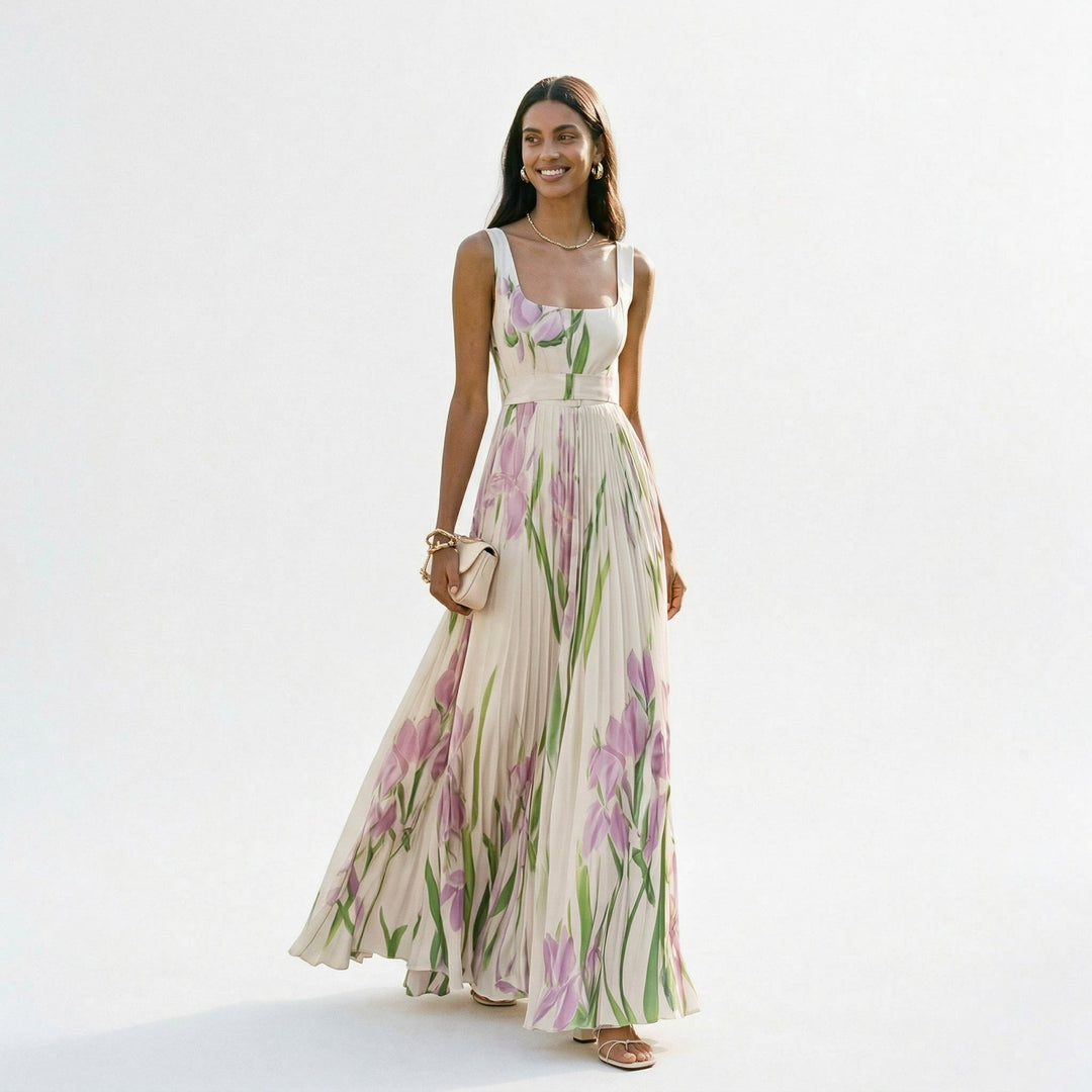 Elegant floral summer maxi dress, perfect for wedding guests, with A-line silhouette.