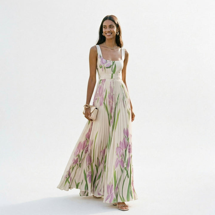 Elegant floral summer maxi dress, perfect for wedding guests, with A-line silhouette.