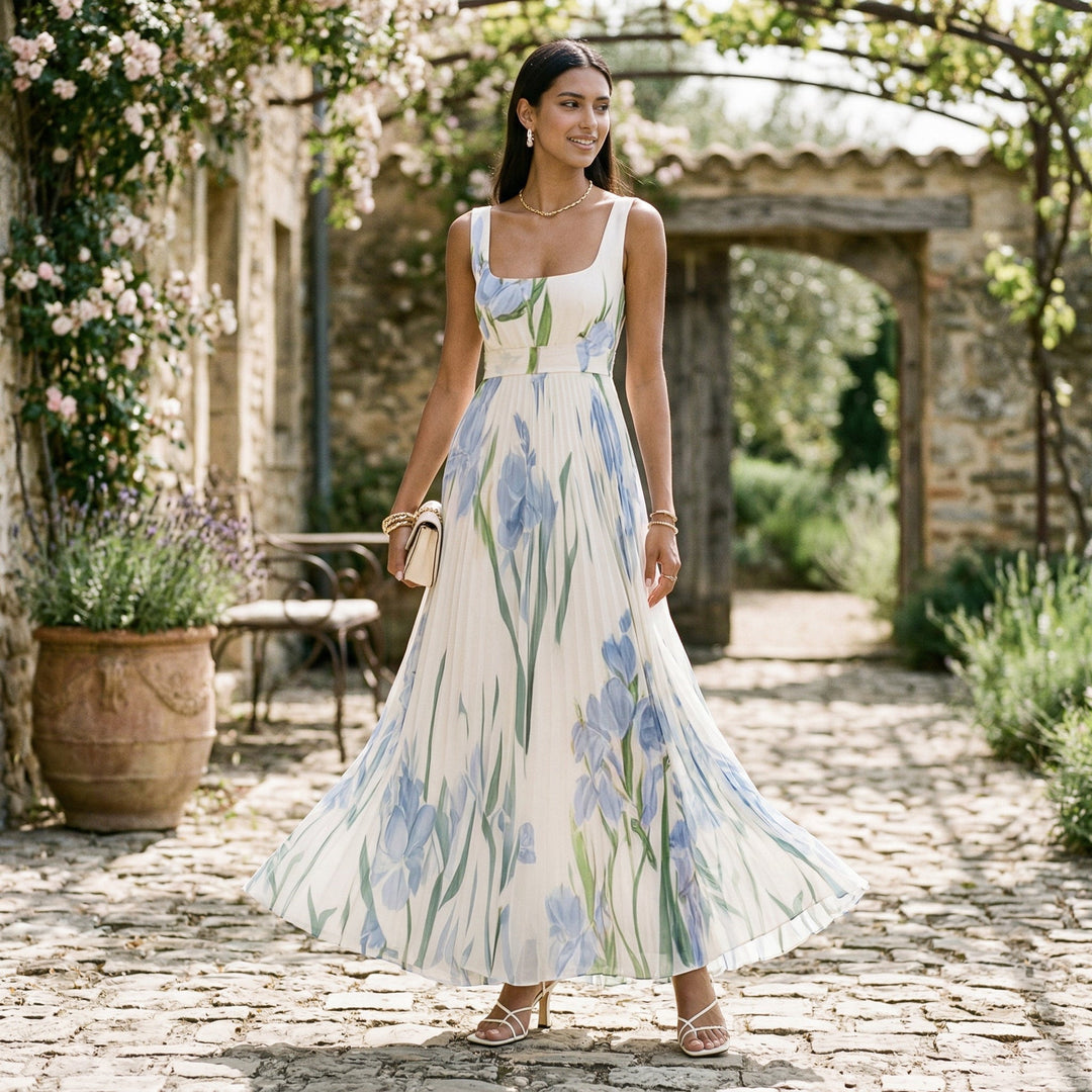 A-line floral summer dress, designed for elegance at weddings and formal occasions.