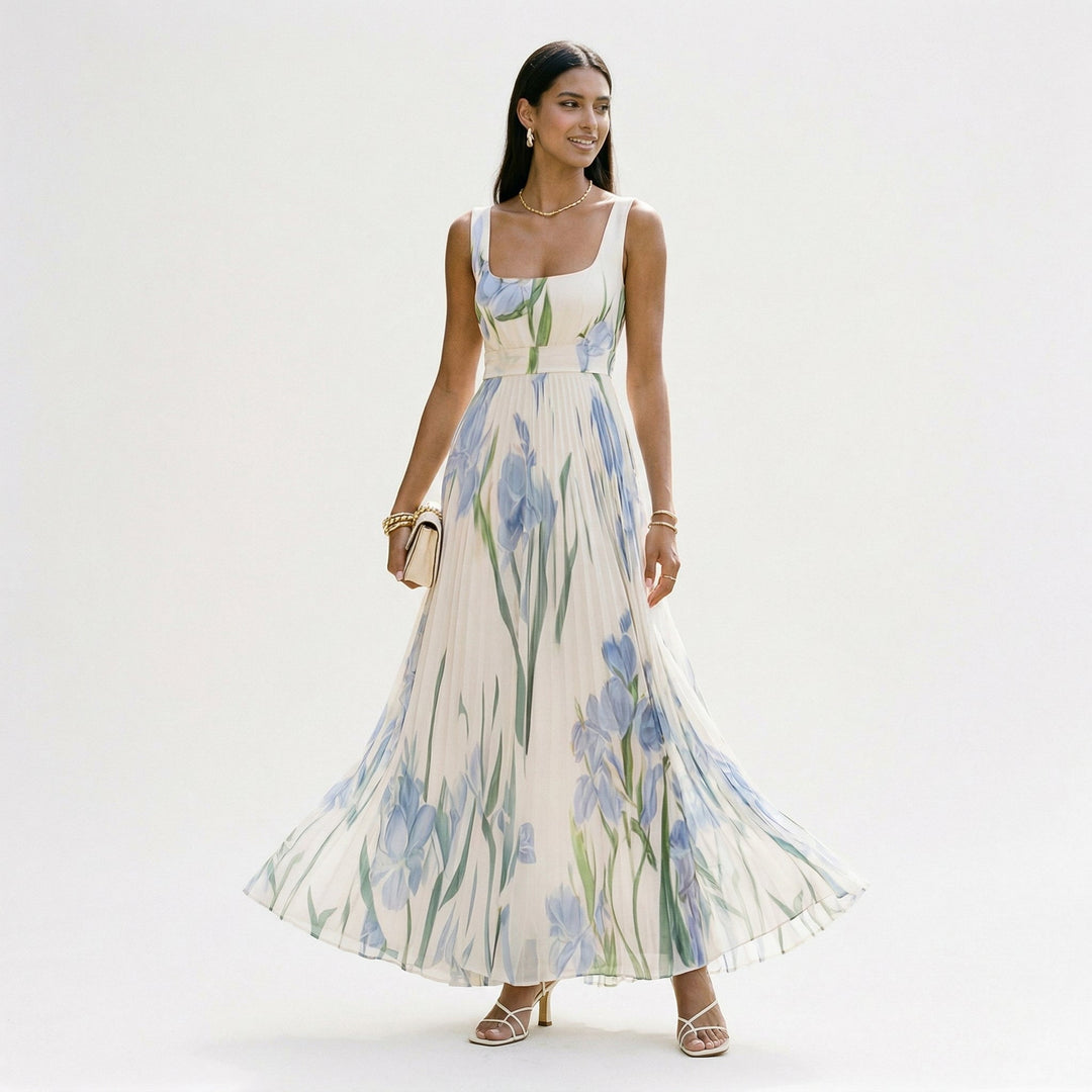 A-line floral maxi dress, a chic summer choice for wedding guests and formal parties.