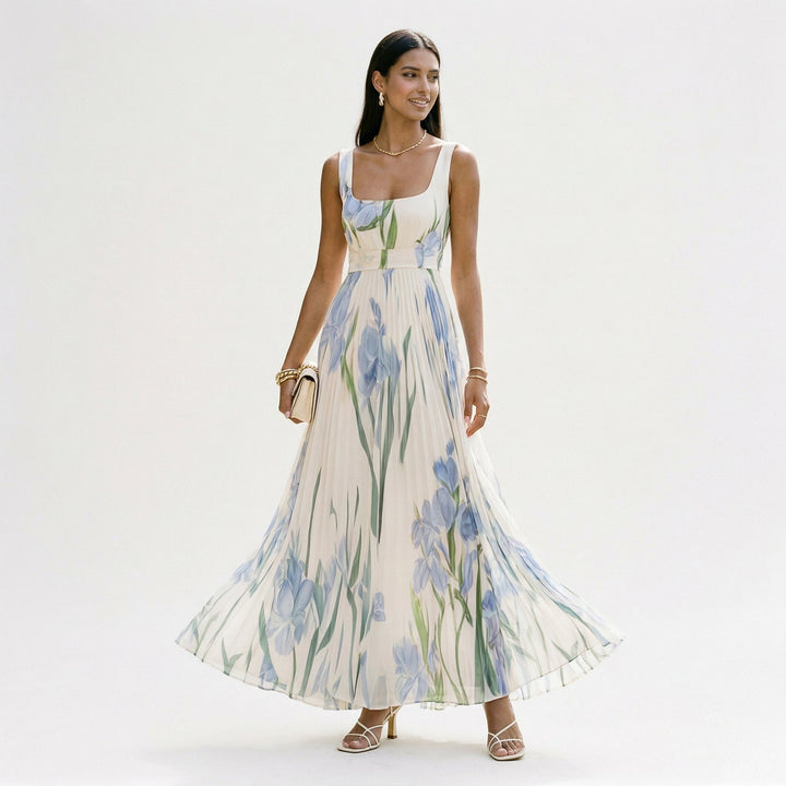 A-line floral maxi dress, a chic summer choice for wedding guests and formal parties.