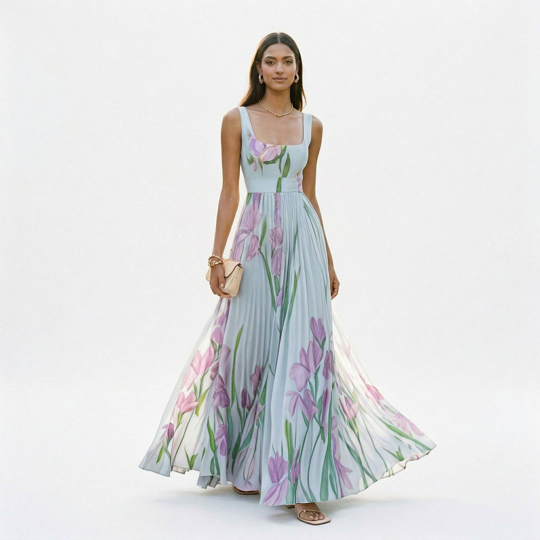 Women's elegant floral maxi dress, sleeveless design for summer wedding guest events.