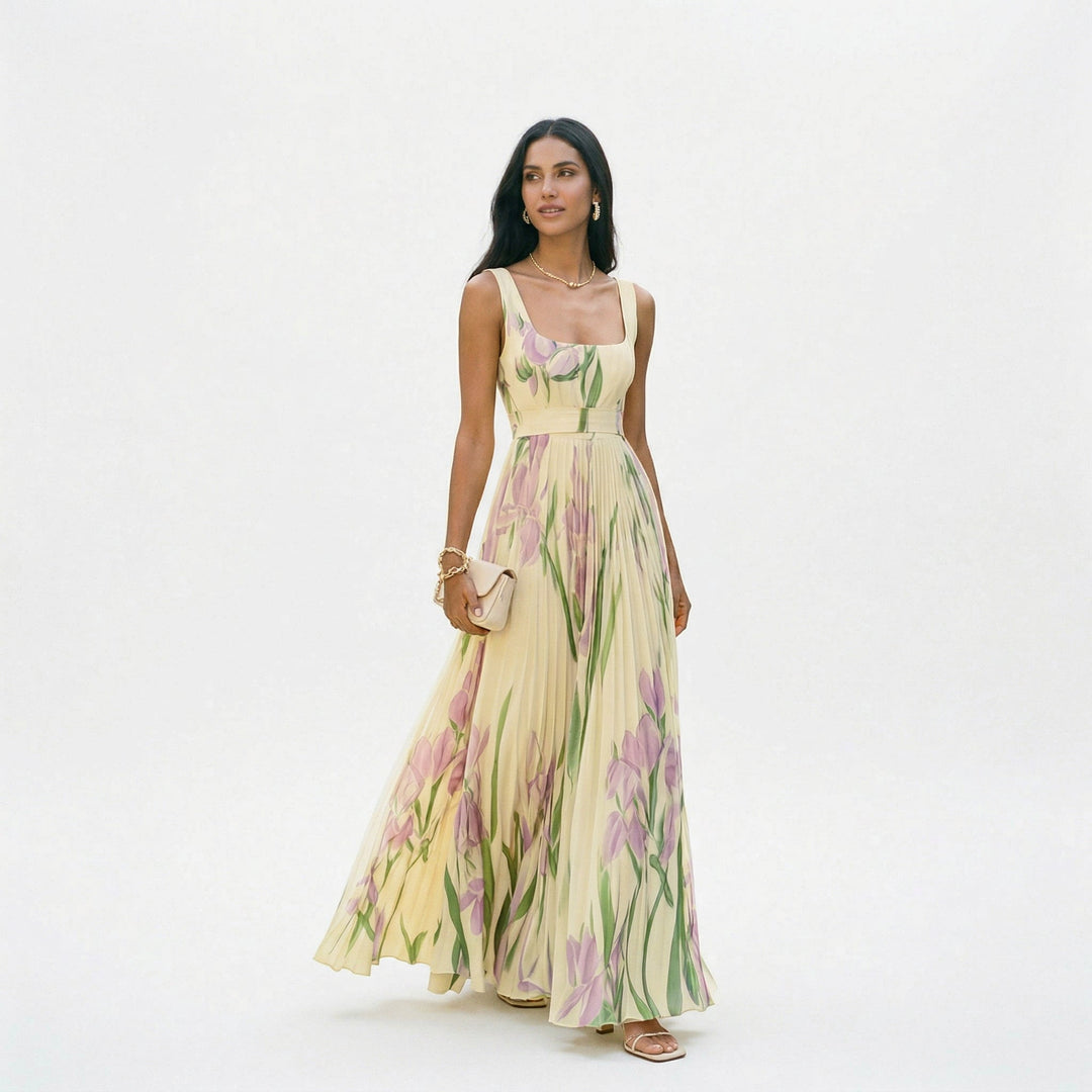 Chic floral print summer maxi dress, suitable as a formal dress for wedding guests.