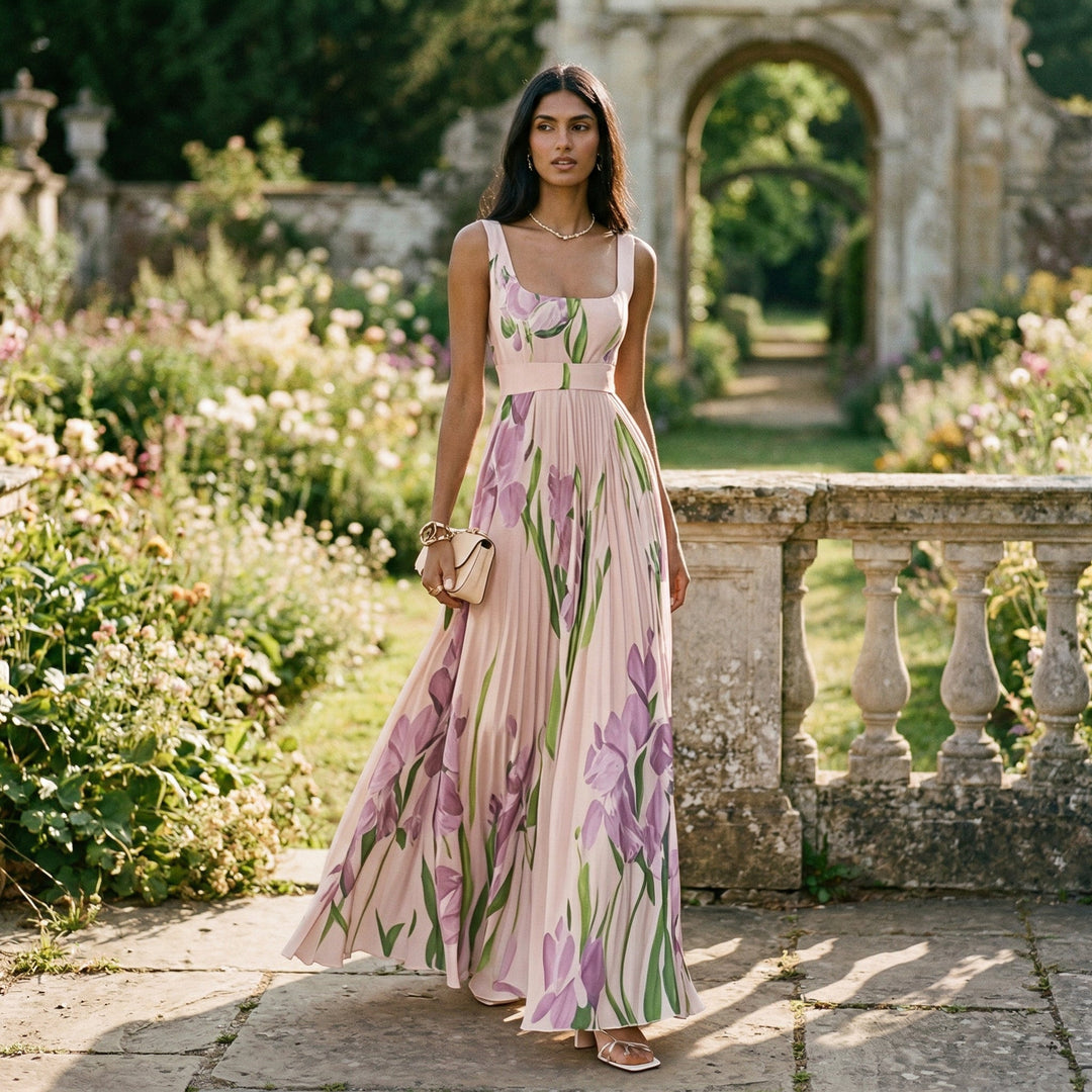 Long floral A-line dress for summer weddings, a sophisticated guest option.