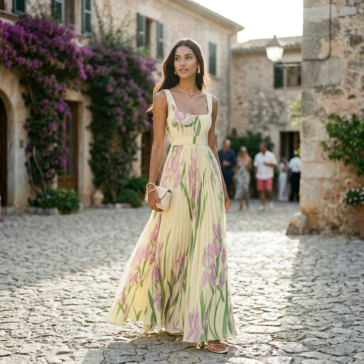 Fashionable floral maxi dress for summer events and wedding guest invitations.