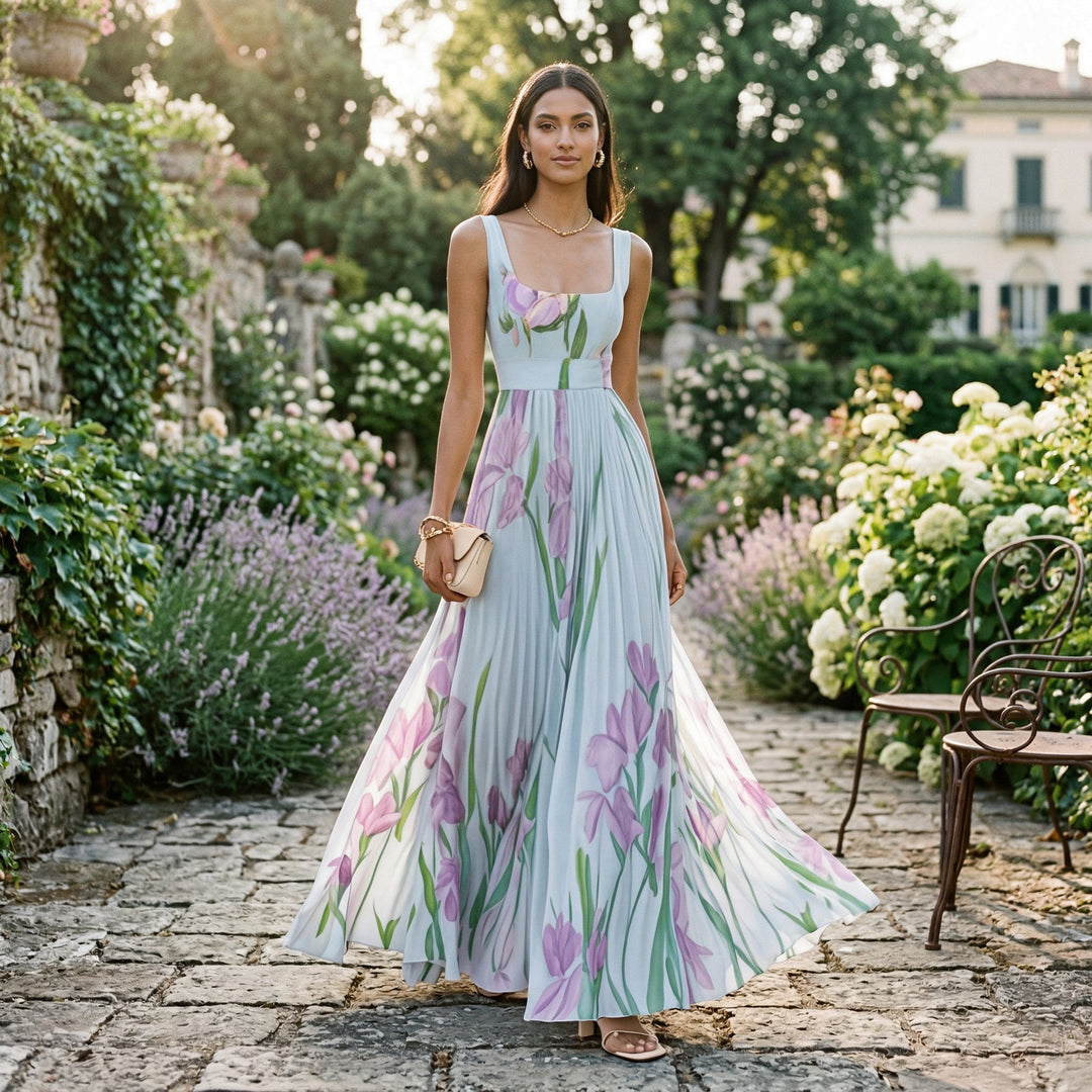 Elegant sleeveless maxi dress with floral pattern, a stylish wedding guest outfit.