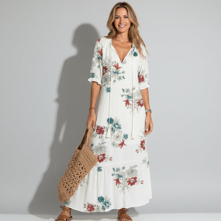 Flowing floral print V-neck maxi dress, a feminine choice for daytime summer events.
